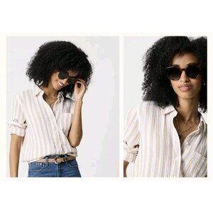 J.Crew Striped Linen Blend Button Up Shirt Size Large Vintage Sandstone White